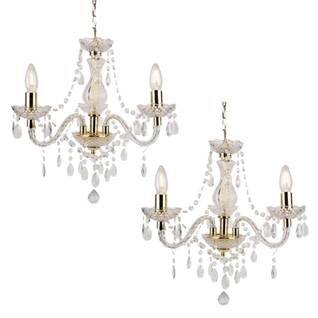 Set of 2 Clear and Gold Marie Therese Style 3 x 40W Chandelier Clear Gold 2