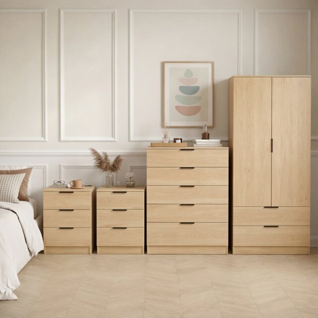 Vida Designs Trega 4 Piece Bedroom Set (3 Drawer Bedside Chest x2, 5 Drawer Chest, 2 Door 2 Drawer Wardrobe) Pine