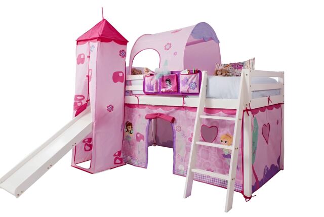 Moro Kids Cabin Bed Midsleeper with Slide & Fairies Tent ,Tower & Tunnel in White