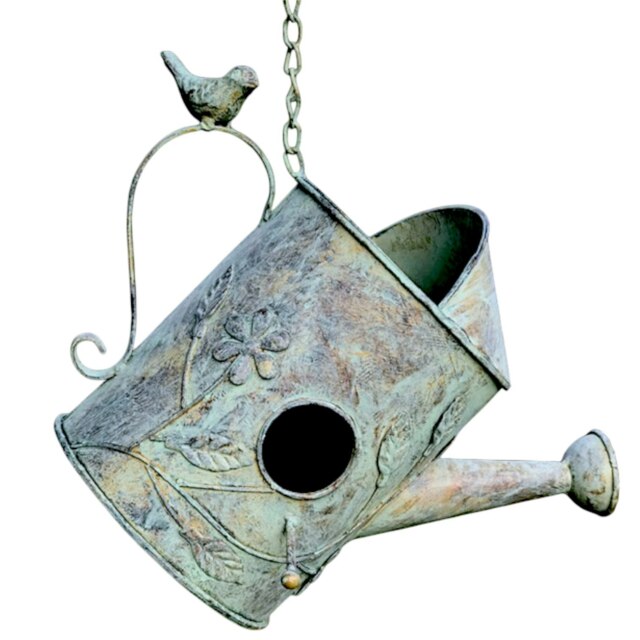 Watering Can Bird House Nest Box, Metal Verdigris Effect Grey Green