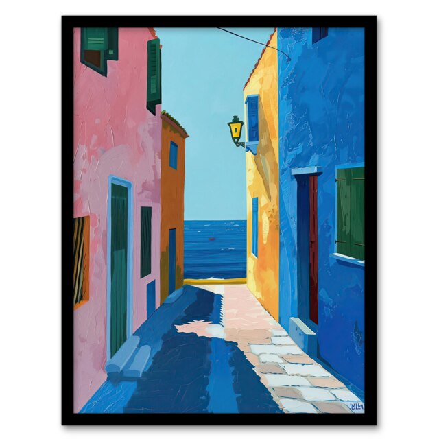 Colourful Mediterranean Spanish Coastal Black Framed Wall Art Print A4