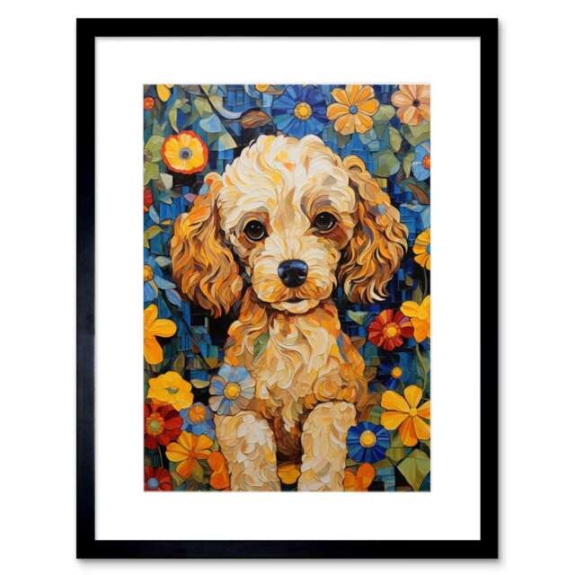 "Cockapoo Puppy Colourful Bright Floral Fun 9x7"" Black Framed Wall Art Print"