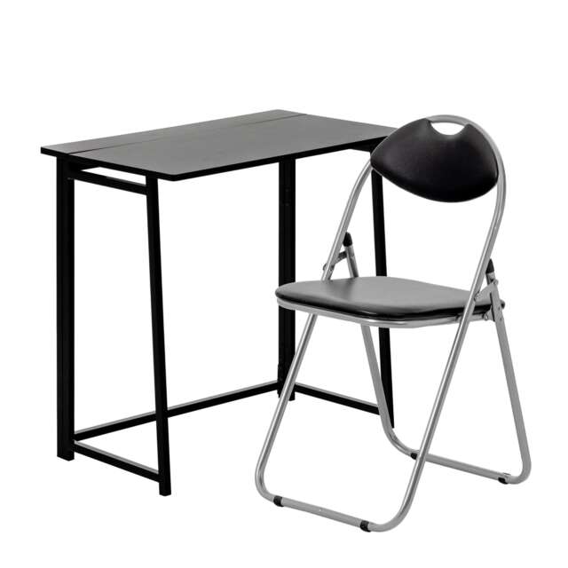 Harbour Housewares Deluxe Folding Wooden Desk & Chair Set - Durable Compact Computer Office Study Desk & Chair Set Black Black / Black Chair One Size