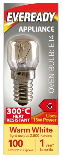 Eveready Oven Lamp E14 100lm 15W 2,800K (Warm White) - Pack of 1 - 300C Heat Resistant