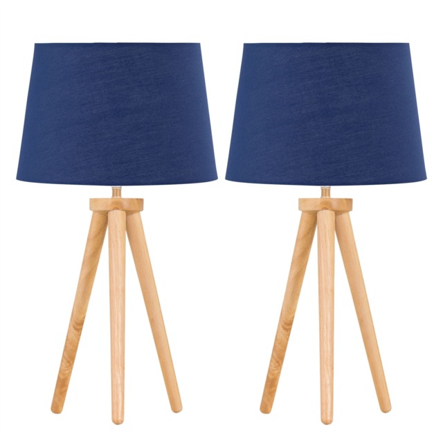 Set of 2 Light Oak Table Lamp or Bedside Lights with Navy Blue Shades Brown Blue Large 2