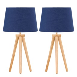 Set of 2 Light Oak Table Lamp or Bedside Lights with Navy Blue Shades Brown Blue Large 2