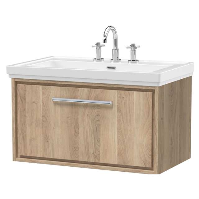 Balterley Longnor 1 Drawer Wall Hung Vanity Unit with 3 Tap Hole Traditional Fireclay Basin, Light Oak, 800mm