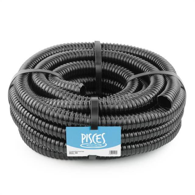 Pisces 25mm (1 inch) Black Pond Corrugated Flexible Hose Pipe - 15m Roll