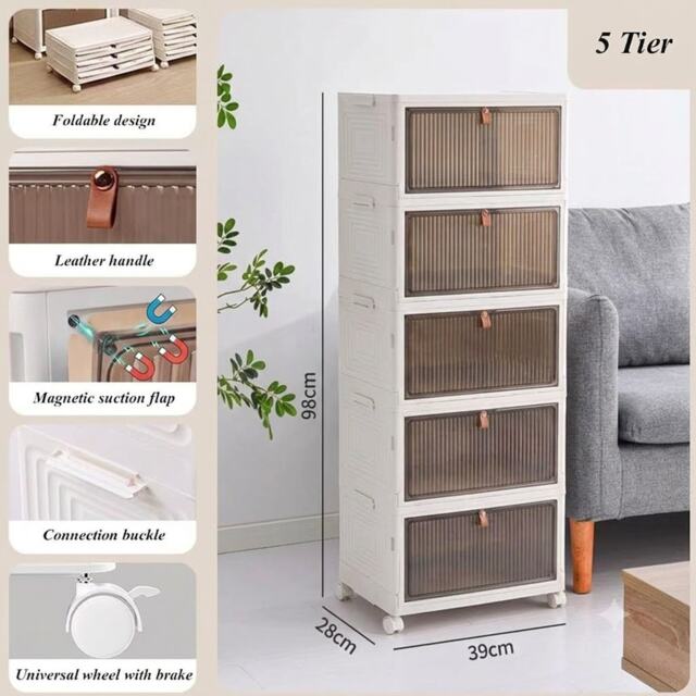 Plastic Storage Drawer Tower Unit with Wheels – 5 Tier Multipurpose Organizer for Home & Office