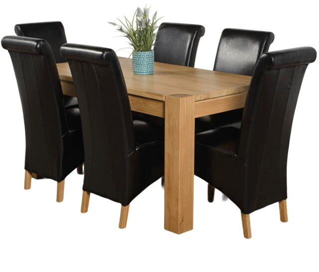 Kuba 150 x 85cm Chunky Medium Oak Dining Table and 6 Montana Leather Chairs Black Black