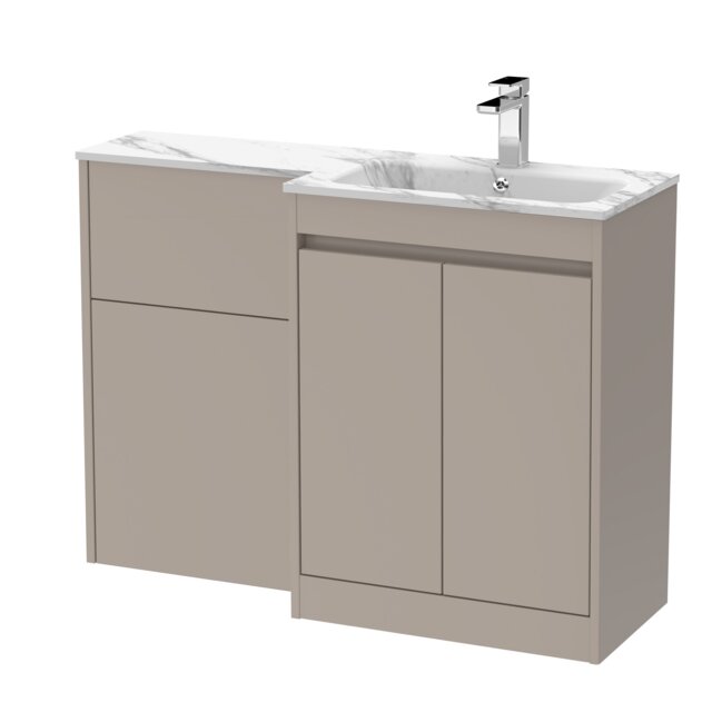 Balterley Chartley Contemporary Floor Standing 2 Door Vanity Basin WC Combination Unit, Carrera Marble Stone Basin, Right Hand, 1100mm, Taupe