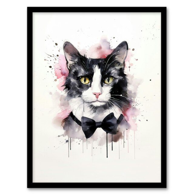 Cat Tuxedo Watercolour Pet Portrait Home Decor Black Framed Wall Art Print A4