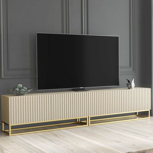 TV Stand TV Unit Modular Cabinet Sideboard Media Console Storage Cashmere Matt Fluted Doors Gold Metal Base Living Room Furniture 200cm