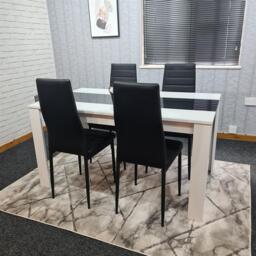 White Black Dining Table with 4 Black Faux Leather Chairs Dining Set