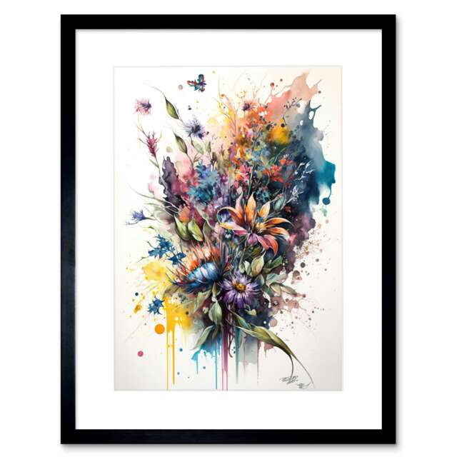 "Flower Bouquet over Watercolour Splat 9x7"" Black Framed Wall Art Print"
