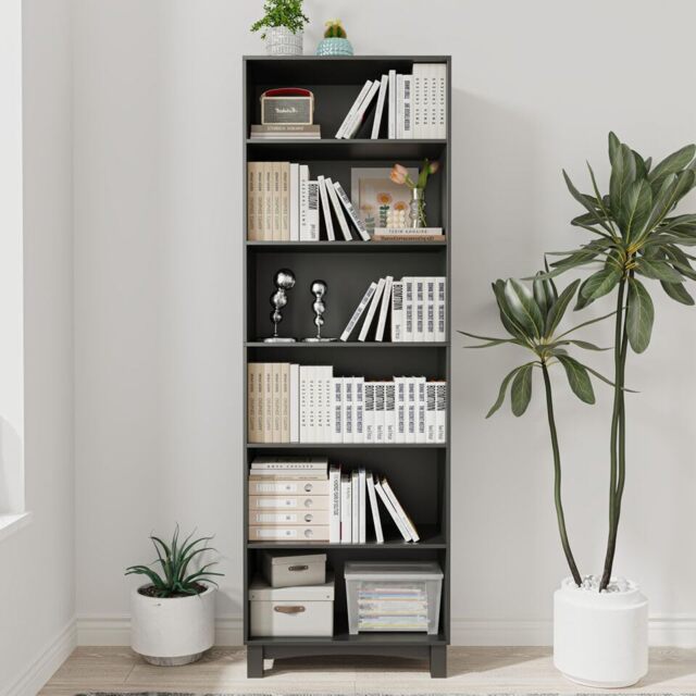 Wide Shelf Tier Wooden Bookcase Shelving Modern Open Display Storage Cabinet Black Black 6 Tier 1