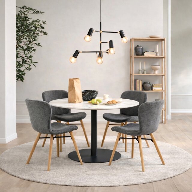 Corby Round Dining Table with White Polished Marble Top & Black Base includes 4 Batilda Dining Chairs in Grey/Oak