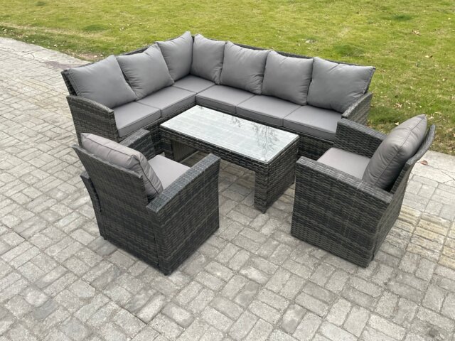Fimous 8 Seater Outdoor Rattan Garden Furniture Set Corner Sofa Oblong Coffee Table Sets with Patio 2 Armchairs Dark Grey Mixed