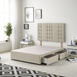 Astoria Divan Bed Base with 2 Drawers & 30 Inch Diamante Headboard in Tweed Fabric Brown Natural King