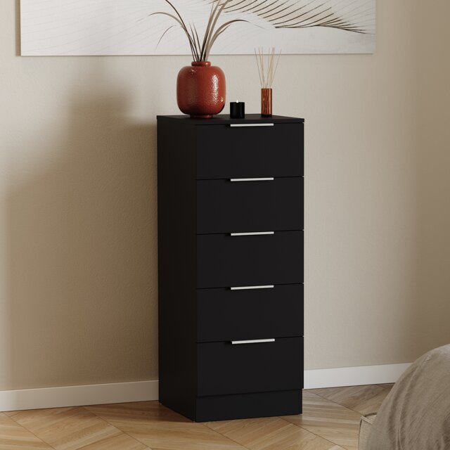 Vida Designs Trega 5 Drawer Narrow Chest of Drawers Bedroom Storage Unit, (H) 90cm x (W) 34.5cm x (D) 36cm, Black