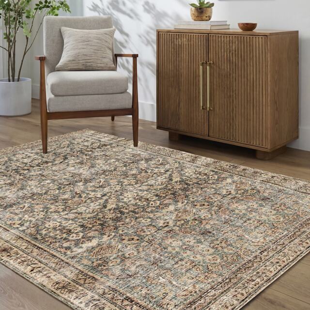 LIVABLISS Galey Alix Collins Avenue-Vintage Traditional Vintage Boho Fringe Rug 198 x 275 cm Green Brown Beige