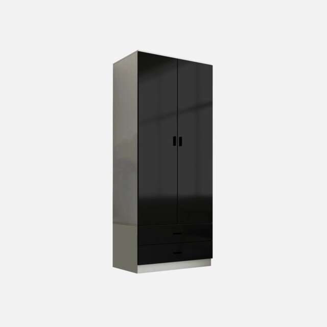 Glossy Tall 2 Door Wardrobe Bedroom Storage with Hanging Rail Modern Furniture Grey Grey Carcass & Black Drawers 1