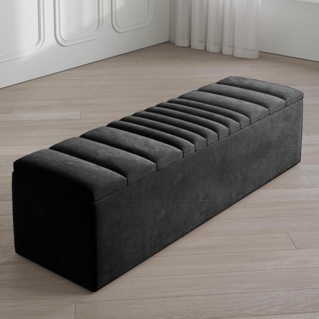 Safar 120cm Large Ottoman Storage Box - Naples Shoes Bench - Black Lined Upholstery Blanket Storage Box