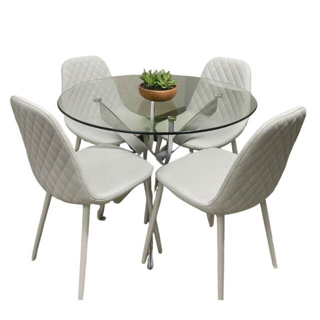 Round Glass Dining Table and 4 Grey Colour Faux leather Chairs