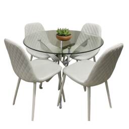 Round Glass Dining Table and 4 Grey Colour Faux leather Chairs