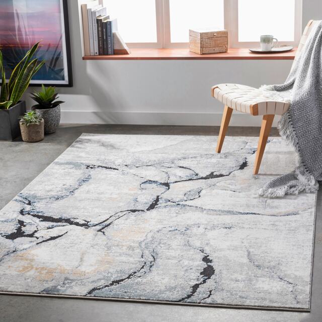 LIVABLISS Jolie-Abstract Modern Marble Rug 200 x 275 cm Grey Blue Ivory Brown
