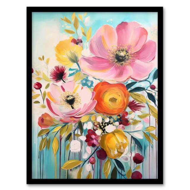 Teal Pink Yellow Flowers Bright Elegant Oil Black Framed Wall Art Print A4