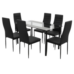 Dining Table and 6 Chairs Black Clear Glass 6 Faux Leather Black Chairs Dining Room Furniture