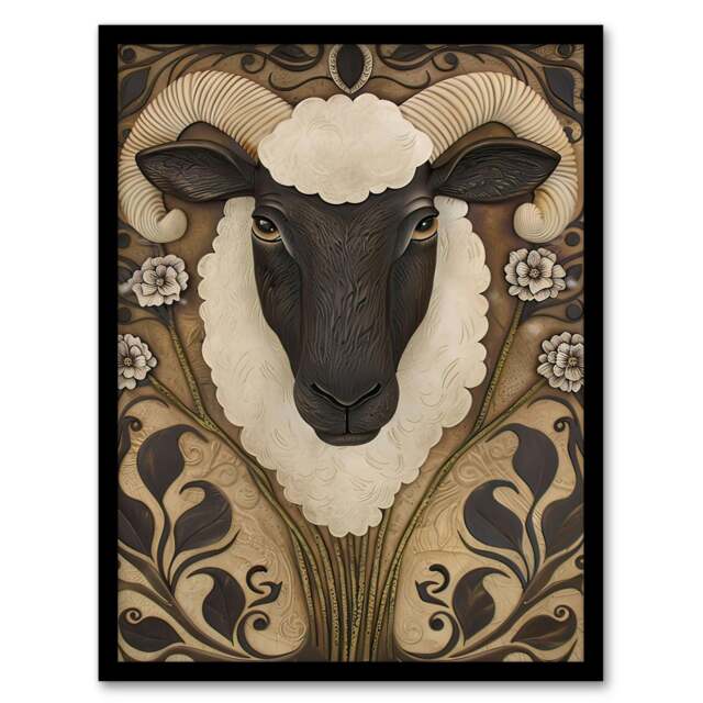 Botanical Filigree Ram Head Sheep Living Room Black Framed Wall Art Print A4