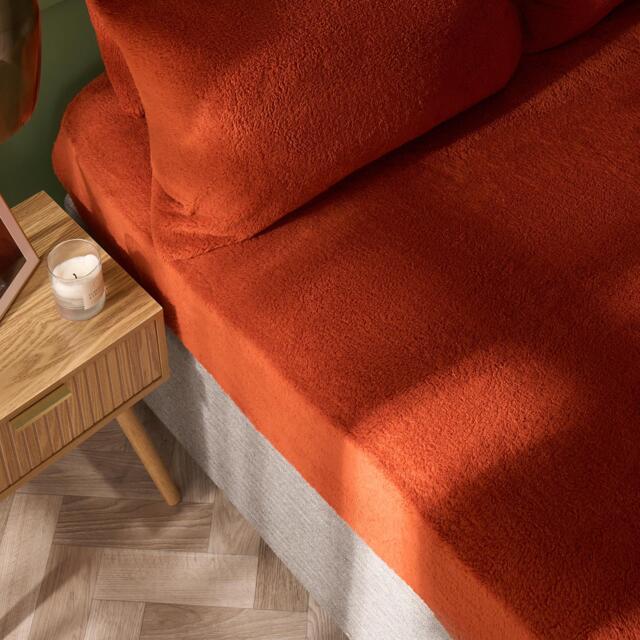 OHS Teddy Fleece Thermal Fitted Bed Sheet Orange Rust Single
