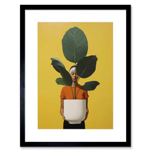 "The Rubber Plant Green Mustard botanical 9x7"" Black Framed Wall Art Print"