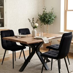 Kosy Koala 4 Seater Rustic Brown Wooden Effect Dining Table with 4 Black Velvet Chairs