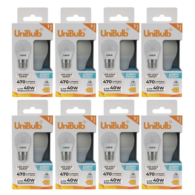 UniBulb LED Golf Ball E27 Edison Screw (ES) 470lm 4.2W (Replaces 40W) 6500K (Daylight) Light Bulb - Pack of 8 White Daylight 8