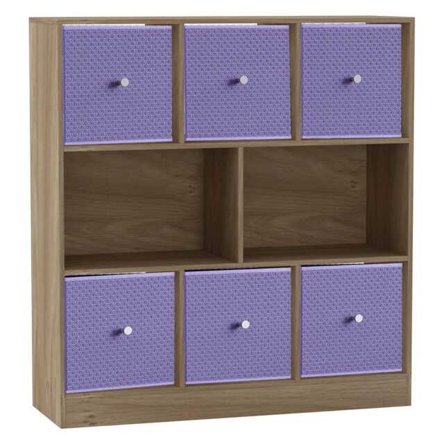 Asymmetrical 8 Cube Bookcase Unit w/ 6 Drawer Inserts Brown Oak & Lilac 8