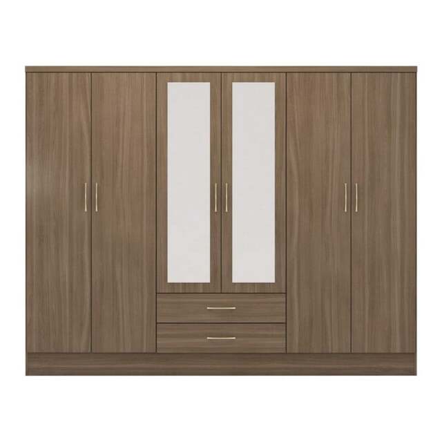 Nevada 6 Door 2 Drawer Mirrored Wardrobe - L52 x W230 x H182.5 cm - Rustic Oak Effect Brown Rustic Oak