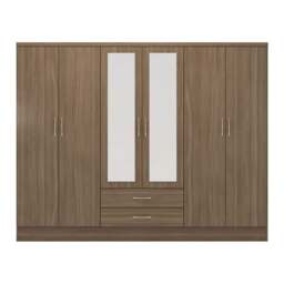 Nevada 6 Door 2 Drawer Mirrored Wardrobe - L52 x W230 x H182.5 cm - Rustic Oak Effect Brown Rustic Oak
