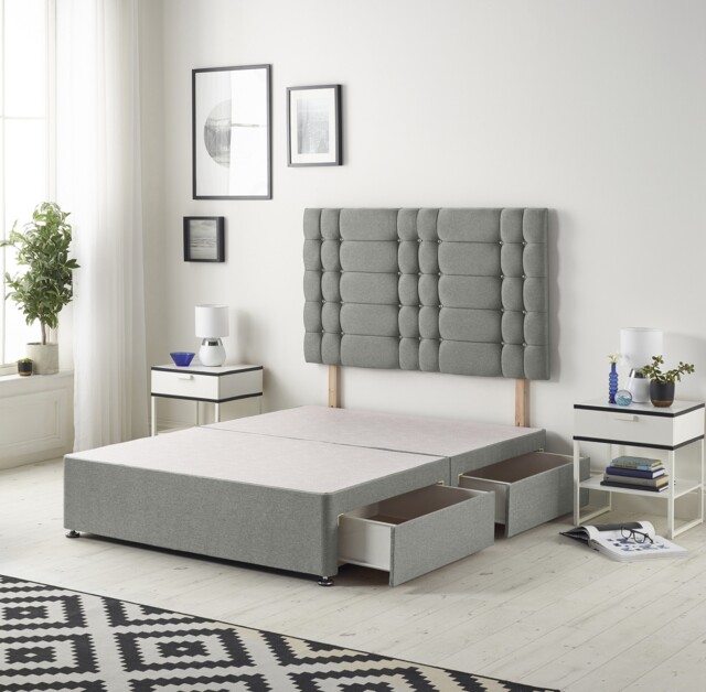 Astoria Divan Bed Base with 2 Drawers & 30 Inch Diamante Headboard in Tweed Fabric Grey Grey Small Double