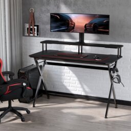 HOMCOM Gaming Desk Writing Racing Computer Table Workstation with Headphone Hook Curved Front Adjustable Feet for Home Office Use 140 x 60cm