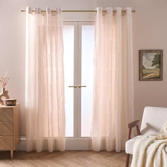 OHS Tufted Arches Voile Net Curtain Pair Window Panels Slot Top Set Cream Natural