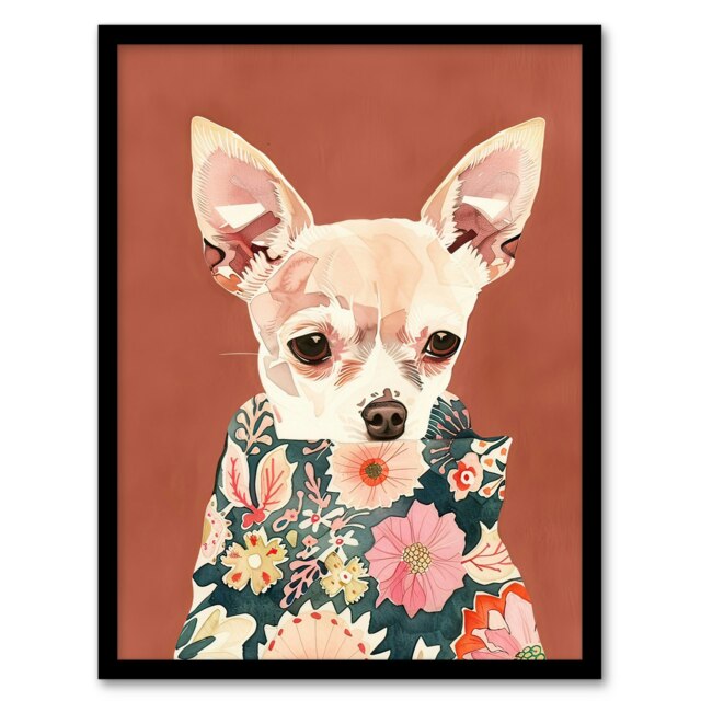 Chihuahua With Floral Coat Dog Lover Watercolour Black Framed Wall Art Print A4