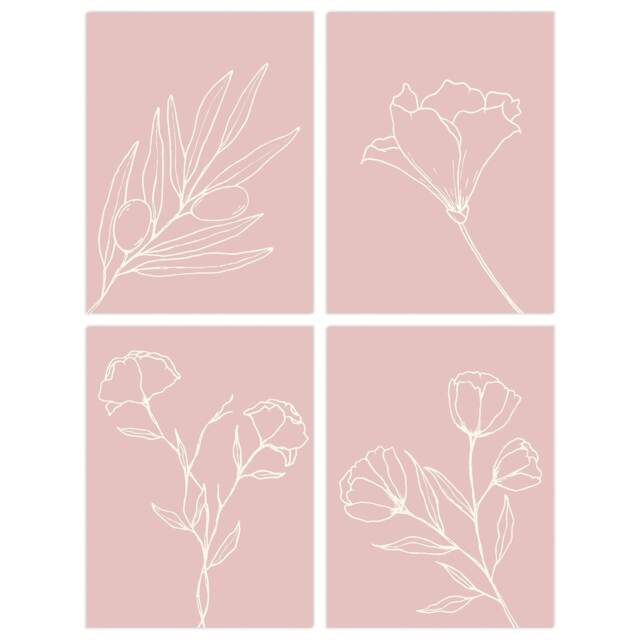Set of 4 Minimalist Wildflower Outline Cream Pastel Pink Simple Floral Wall Art Prints 12x16 Inch