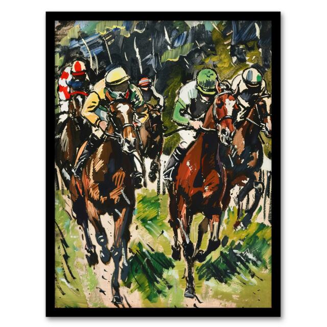 Jockeys Racing Scene Modernist Man Cave Horse Black Framed Wall Art Print A4