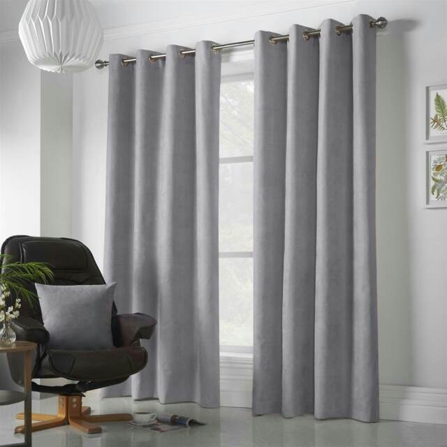 Velvet Chenille Unlined Ring Top Curtains - 142cm x 183cm - Silver