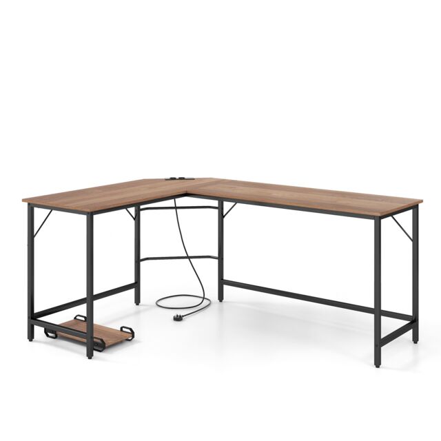 COSTWAY L-Shaped Desk with Power Outlet Desk Natural