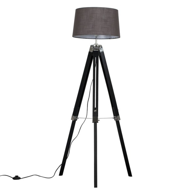 ValueLights Clipper Black Tripod Floor Lamp Grey Doretta Shade and Bulb