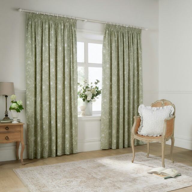 Wylder Bella Floral Sage Pencil Pleat Curtains (W)229cm x (D)229cm Green Sage Green One Size